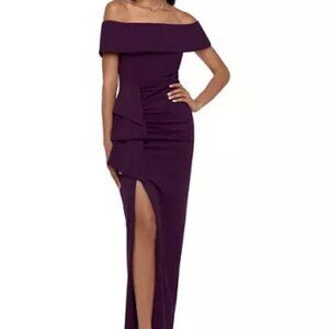 NEW Xscape Solid Side Ruched High Slit Off Shoulder Maxi Long Formal Gown Size 8
